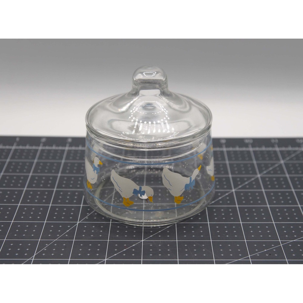 Vintage Country Goose Clear Glass Canister with Lid Blue Bow Farmhouse Jar
